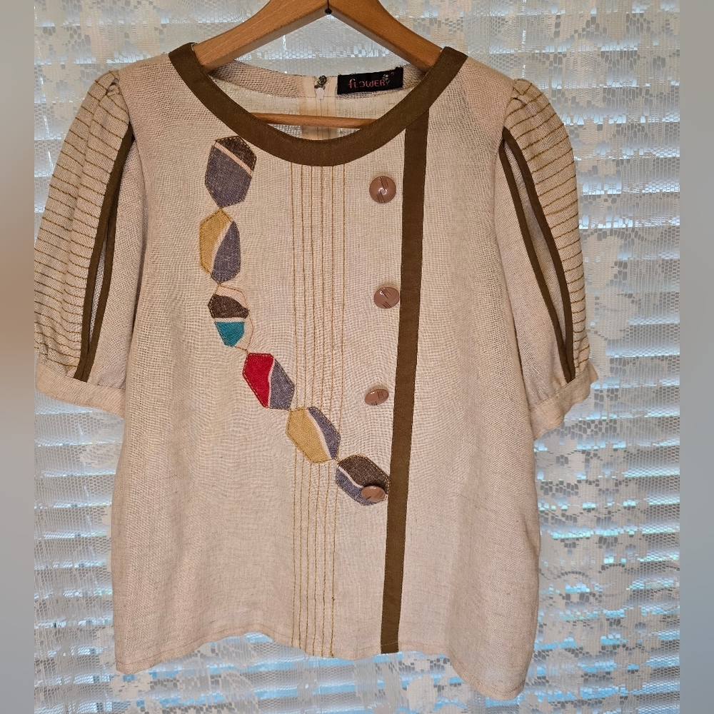 Flower, Womens Small, Vintage Linen Blouse, 70s